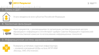 322013 Результат
2014 2015 2016 2017 20182012 2013
7. Запись в ДДО
Услуга внедрена во всех субъектах Российской Федерации
Пакет документов с рекомендациями по организации системы ограничения доступа
обучающихся к информации в сети Интернет одобрен Советом Федераций и подкомиссией
Правительственной комиссии по использованию информационных технологий
Развернута устойчивая, надежная инфраструктура
– основной и резервный ЦОДы на базе ФГУП НИИ
«Восход», ОАО «Ростелеком»
8. Контентная фильтрация
9. Информационная система здравоохранения
online
 