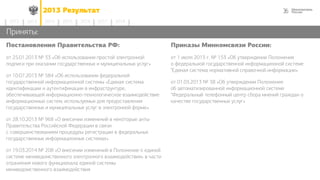 362013 Результат
2014 2015 2016 2017 20182012 2013
Приняты:
Постановления Правительства РФ:
от 25.01.2013 № 33 «Об использовании простой электронной
подписи при оказании государственных и муниципальных услуг»
от 10.07.2013 № 584 «Об использовании федеральной
государственной информационной системы «Единая система
идентификации и аутентификации в инфраструктуре,
обеспечивающей информационно-технологическое взаимодействие
информационных систем, используемых для предоставления
государственных и муниципальных услуг в электронной форме»
от 28.10.2013 № 968 «О внесении изменений в некоторые акты
Правительства Российской Федерации в связи
с совершенствованием процедуры регистрации в федеральных
государственных информационных системах»
от 19.03.2014 № 208 «О внесении изменений в Положение о единой
системе межведомственного электронного взаимодействия» в части
отражения нового функционала единой системы
межведомственного взаимодействия
Приказы Минкомсвязи России:
от 1 июля 2013 г. № 153 «Об утверждении Положения
о федеральной государственной информационной системе
"Единая система нормативной справочной информации»
от 01.03.2013 № 38 «Об утверждении Положения
об автоматизированной информационной системе
"Федеральный телефонный центр сбора мнений граждан о
качестве государственных услуг»
 