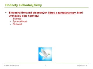 © RNDr. Marta Krajčíová 4 www.krajciova.sk
Hodnoty slobodnej firmy
 Slobodná firma má slobodných lídrov a zamestnancov, ktorí
vyznávajú tieto hodnoty:
– Sloboda
– Spravodlivosť
– Slušnosť
 
