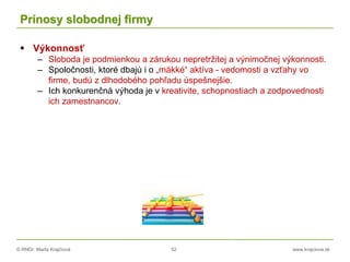 © RNDr. Marta Krajčíová 52 www.krajciova.sk
Prínosy slobodnej firmy
 Výkonnosť
– Sloboda je podmienkou a zárukou nepretržitej a výnimočnej výkonnosti.
– Spoločnosti, ktoré dbajú i o „mäkké“ aktíva - vedomosti a vzťahy vo
firme, budú z dlhodobého pohľadu úspešnejšie.
– Ich konkurenčná výhoda je v kreativite, schopnostiach a zodpovednosti
ich zamestnancov.
 