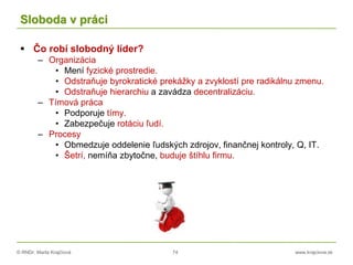 © RNDr. Marta Krajčíová 74 www.krajciova.sk
Sloboda v práci
 Čo robí slobodný líder?
– Organizácia
• Mení fyzické prostredie.
• Odstraňuje byrokratické prekážky a zvyklostí pre radikálnu zmenu.
• Odstraňuje hierarchiu a zavádza decentralizáciu.
– Tímová práca
• Podporuje tímy.
• Zabezpečuje rotáciu ľudí.
– Procesy
• Obmedzuje oddelenie ľudských zdrojov, finančnej kontroly, Q, IT.
• Šetrí, nemíňa zbytočne, buduje štíhlu firmu.
 