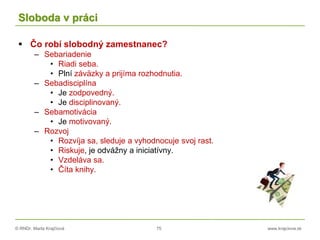 © RNDr. Marta Krajčíová 75 www.krajciova.sk
Sloboda v práci
 Čo robí slobodný zamestnanec?
– Sebariadenie
• Riadi seba.
• Plní záväzky a prijíma rozhodnutia.
– Sebadisciplína
• Je zodpovedný.
• Je disciplinovaný.
– Sebamotivácia
• Je motivovaný.
– Rozvoj
• Rozvíja sa, sleduje a vyhodnocuje svoj rast.
• Riskuje, je odvážny a iniciatívny.
• Vzdeláva sa.
• Číta knihy.
 