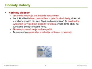 © RNDr. Marta Krajčíová 81 www.krajciova.sk
Hodnoty slobody
 Hodnoty slobody
– Výkonnosť obdivujú, ale slobode nerozumejú.
– Iba tí, ktorí boli hlboko presvedčení o princípoch slobody, dokázali
v priebehu svojich návštev, či pri štúdiu rozpoznať, že prvotriedna
výkonnosť je výsledkom slobody vo firme a využili tento obdiv na
budovanie svojej slobodnej firmy.
– Skvelú výkonnosť nie je možné vynútiť.
– Tá pramení zo správneho prostredia vo firme - zo slobody.
 
