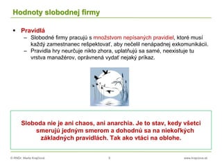 © RNDr. Marta Krajčíová 9 www.krajciova.sk
Hodnoty slobodnej firmy
 Pravidlá
– Slobodné firmy pracujú s množstvom nepísaných pravidiel, ktoré musí
každý zamestnanec rešpektovať, aby nečelil nenápadnej exkomunikácii.
– Pravidla hry neurčuje nikto zhora, uplatňujú sa samé, neexistuje tu
vrstva manažérov, oprávnená vydať nejaký príkaz.
Sloboda nie je ani chaos, ani anarchia. Je to stav, kedy všetci
smerujú jedným smerom a dohodnú sa na niekoľkých
základných pravidlách. Tak ako vtáci na oblohe.
 