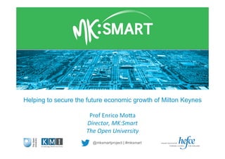 @mksmartproject | #mksmart
Helping to secure the future economic growth of Milton Keynes
Prof	
  Enrico	
  Mo+a	
  
Director,	
  MK:Smart	
  
The	
  Open	
  University	
  
 