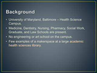 • University of Maryland, Baltimore – Health Science
Campus.
• Medicine, Dentistry, Nursing, Pharmacy, Social Work,
Gradua...