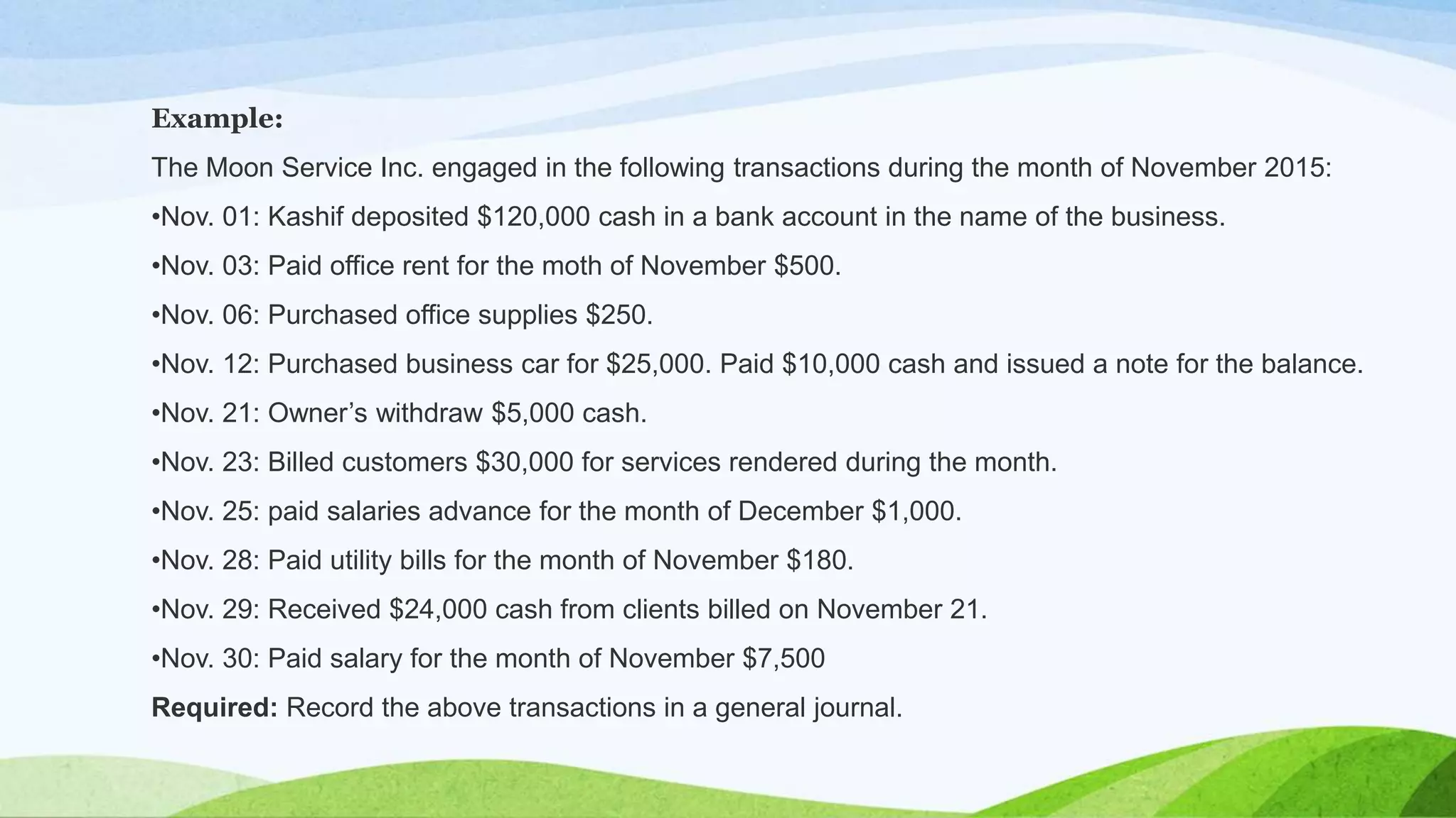 Example:
The Moon Service Inc. engaged in the following transactions during the month of November 2015:
•Nov. 01: Kashif deposited $120,000 cash in a bank account in the name of the business.
•Nov. 03: Paid office rent for the moth of November $500.
•Nov. 06: Purchased office supplies $250.
•Nov. 12: Purchased business car for $25,000. Paid $10,000 cash and issued a note for the balance.
•Nov. 21: Owner’s withdraw $5,000 cash.
•Nov. 23: Billed customers $30,000 for services rendered during the month.
•Nov. 25: paid salaries advance for the month of December $1,000.
•Nov. 28: Paid utility bills for the month of November $180.
•Nov. 29: Received $24,000 cash from clients billed on November 21.
•Nov. 30: Paid salary for the month of November $7,500
Required: Record the above transactions in a general journal.
 