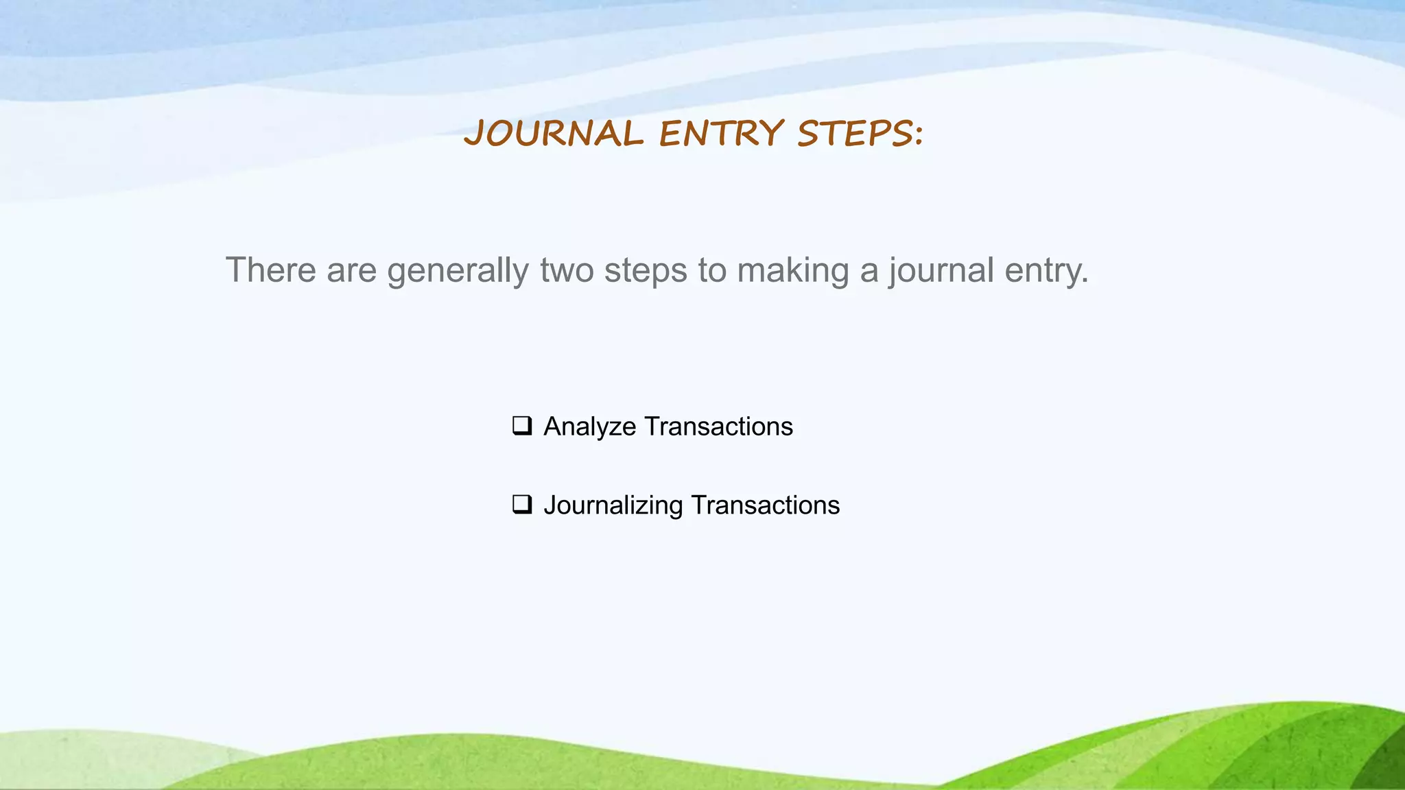 There are generally two steps to making a journal entry.
JOURNAL ENTRY STEPS:
 Analyze Transactions
 Journalizing Transactions
 