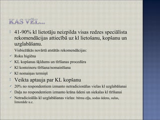  41-90% kl lietotāju neizpilda visas redzes speciālista
rekomendācijas attiecībā uz kl lietošanu, kopšanu un
uzglabāšanu.
Visbiežākās novārtā atstātās rekomendācijas:
 Roku higiēna
 KL kopšanas šķīdums un tīrīšanas procedūra
 Kl konteineru tīrīšana/nomainīšana
 Kl nomaiņas termiņš
 Veikta aptauja par KL kopšanu
 20% no respondentiem izmanto netradicionālas vielas kl uzglabāšanai
 Daļa no respondentiem izmanto krāna ūdeni un siekalas kl tīrīšanai
 Netradicioālās kl uzglabāšanas vielas: bērnu eļļa, sodas ūdens, sulas,
limonāde u.c.
 