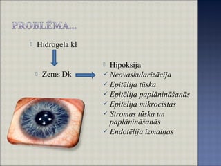  Hidrogela kl
 Zems Dk
 HipoksijaHipoksija
 Neovaskularizācija
 Epitēlija tūska
 Epitēlija paplānināšanās
 Epitēlija mikrocistas
 Stromas tūska un
paplānināšanās
 Endotēlija izmaiņas
 