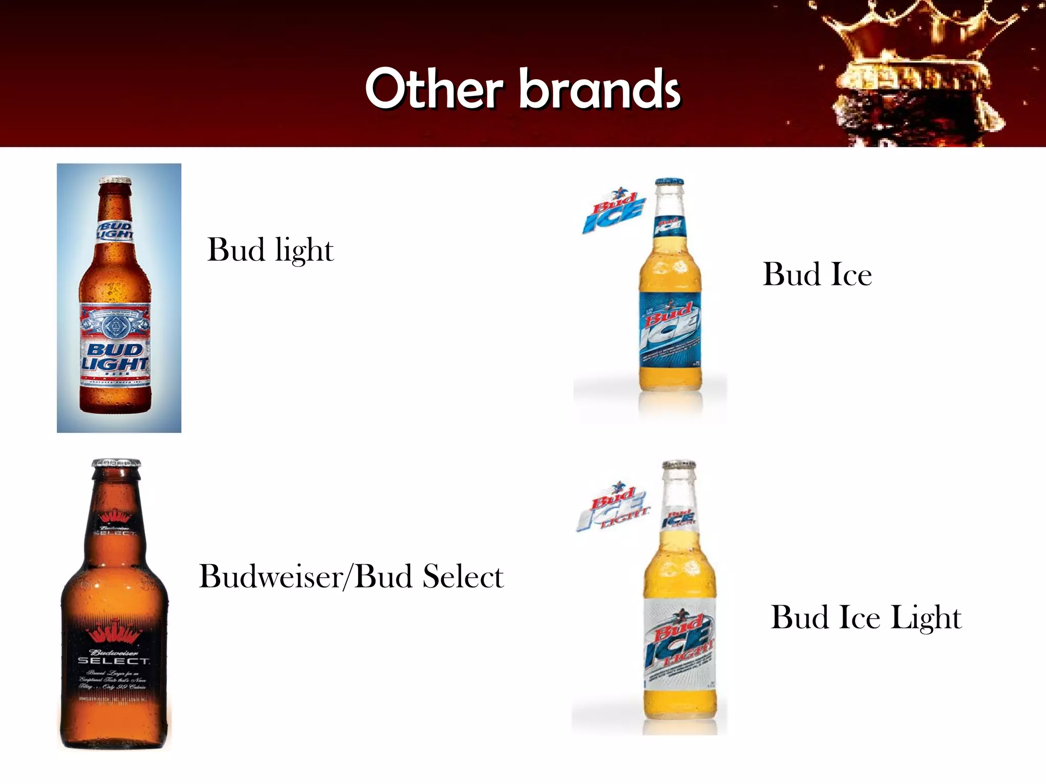 Other brands

Bud light
                           Bud Ice




Budweiser/Bud Select
                           Bud Ice Light
 