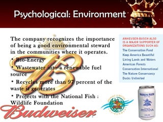 Psychological: Environment

The company recognizes the importance
of being a good environmental steward
in the communities where it operates.
• Bio-Energy
• Wastewater into a renewable fuel
source
• Recycles more than 97 percent of the
waste it generates
• Projects with the National Fish and
Wildlife Foundation
 