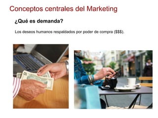 Conceptos centrales del Marketing
¿Qué es demanda?
Los deseos humanos respaldados por poder de compra ($$$).
 