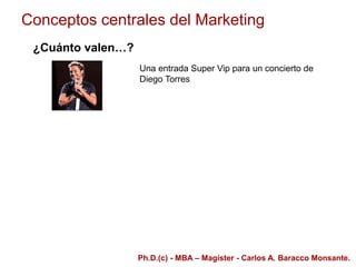 Conceptos centrales del Marketing
¿Cuánto valen…?
Una entrada Super Vip para un concierto de
Diego Torres
Ph.D.(c) - MBA – Magíster - Carlos A. Baracco Monsante.
 