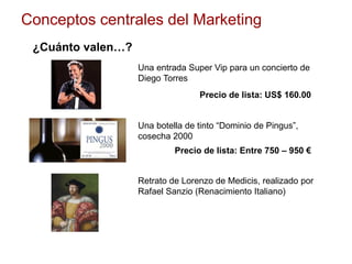 Conceptos centrales del Marketing
¿Cuánto valen…?
Una entrada Super Vip para un concierto de
Diego Torres
Una botella de tinto “Dominio de Pingus”,
cosecha 2000
Precio de lista: US$ 160.00
Precio de lista: Entre 750 – 950 €
Retrato de Lorenzo de Medicis, realizado por
Rafael Sanzio (Renacimiento Italiano)
 