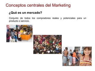 Conceptos centrales del Marketing
¿Qué es un mercado?
Conjunto de todos los compradores reales y potenciales para un
producto o servicio.
 