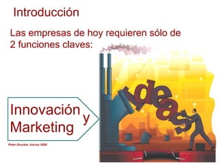 Introducción
Peter Drucker, Inicios 2000
Las empresas de hoy requieren sólo de
2 funciones claves:
Innovación
Marketing
y
 