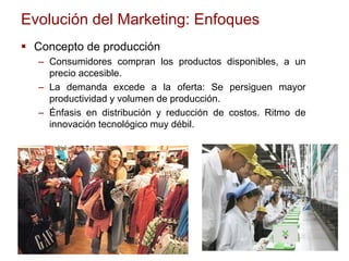 Evolución del Marketing: Enfoques
 Concepto de producción
– Consumidores compran los productos disponibles, a un
precio accesible.
– La demanda excede a la oferta: Se persiguen mayor
productividad y volumen de producción.
– Énfasis en distribución y reducción de costos. Ritmo de
innovación tecnológico muy débil.
 
