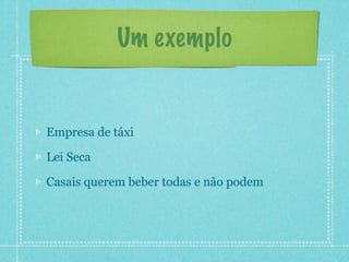 Um exemplo


Empresa de táxi

Lei Seca

Casais querem beber todas e não podem
 