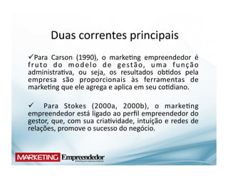 Duas	
  correntes	
  principais	
  
  ara	
   Carson	
   (1990),	
   o	
   marke(ng	
   empreendedor	
   é	
  
   P
f r u t o	
   d o	
   m o d e l o	
   d e	
   g e s t ã o,	
   u m a	
   f u n ç ã o	
  
administra(va,	
   ou	
   seja,	
   os	
   resultados	
   ob(dos	
   pela	
  
empresa	
   são	
   proporcionais	
   às	
   ferramentas	
   de	
  
marke(ng	
  que	
  ele	
  agrega	
  e	
  aplica	
  em	
  seu	
  co(diano.	
  

  	
   Para	
   Stokes	
   (2000a,	
   2000b),	
   o	
   marke(ng	
  
empreendedor	
  está	
  ligado	
  ao	
  perﬁl	
  empreendedor	
  do	
  
gestor,	
  que,	
  com	
  sua	
  cria(vidade,	
  intuição	
  e	
  redes	
  de	
  
relações,	
  promove	
  o	
  sucesso	
  do	
  negócio.	
  
 
