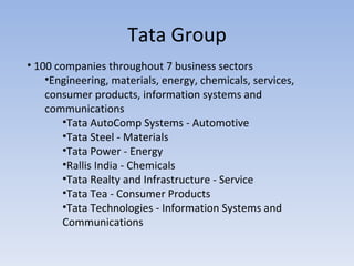Tata Group 100 companies throughout 7 business sectors Engineering, materials, energy, chemicals, services, consumer products, information systems and communications Tata AutoComp Systems - Automotive Tata Steel - Materials Tata Power - Energy Rallis India - Chemicals Tata Realty and Infrastructure - Service Tata Tea - Consumer Products Tata Technologies - Information Systems and Communications 