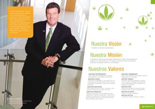 6 7
Cambiar la vida de las personas.
Nuestra Visión
Cambiar la vida de las personas ofreciendo la mejor oportunidad de
negocio en venta directa y los mejores productos del mundo para
promover la buena nutrición y el bienestar.
Nuestra Misión
NUESTROS DISTRIBUIDORES
Nos motivan las necesidades de nuestros
Distribuidores y nos inspiran sus historias.
NUESTROS SOCIOS
Procuramos rentabilidad y crecimiento a fin de
incrementar el valor para todos nuestros socios,
incluyendo Distribuidores, clientes, accionistas y
empleados.
NUESTROS EMPLEADOS
Nos respetamos unos a otros, triunfamos como
equipo y valoramos el sentido del humor.
NUESTROS PRODUCTOS
Nuestro compromiso con los estándares más
exigentes en materia de seguridad y ciencia en el
desarrollo y fabricación de nuestros productos es
parte integral de nuestra misión para la nutrición.
Somos producto del producto.
NUESTRAS COMUNIDADES
Hacemos de nuestras comunidades mejores
lugares para vivir y trabajar.
NUESTRO TRABAJO
Tomamos decisiones basadas en hechos,
no en rumores. Trabajamos arduamente y
somos responsables. Nos esforzamos en
alcanzar la excelencia.
NUESTRA ÉTICA
Hacemos las cosas de manera correcta,
honesta y ética. Actuamos debidamente.
NUESTRA FILOSOFÍA
Usamos, llevamos, hablamos.
NUESTRA ACTITUD
Lo hacemos ¡simple, divertido y mágico!
Nuestros Valores
Michael o. Johnson
Presidente del Consejo de Administración
y Director Ejecutivo de Herbalife
Desde 2003, Michael O. Johnson
guía las operaciones de Herbalife
en el mundo. Siguiendo los
principios y la visión del fundador
Mark Hughes, Michael supervisa
todos los aspectos de la
compañía, y se asegura de que
ésta cuente con los recursos
necesarios para lograr sus metas.
Bajo su gestión, Herbalife ha
registrado el mayor crecimiento
de su historia.
 