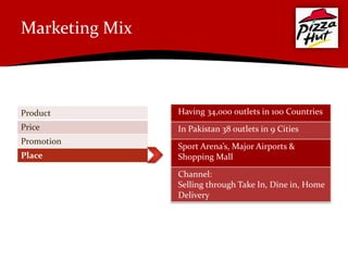Marketing Mix



Product         Having 34,000 outlets in 100 Countries
Price           In Pakistan 38 outlets in 9 Cities
Promotion
                Sport Arena’s, Major Airports &
Place           Shopping Mall

                Channel:
                Selling through Take In, Dine in, Home
                Delivery
 