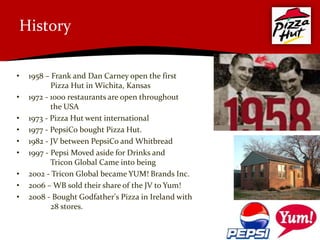 History

•   1958 – Frank and Dan Carney open the first
           Pizza Hut in Wichita, Kansas
•   1972 - 1000 restaurants are open throughout
           the USA
•   1973 - Pizza Hut went international
•   1977 - PepsiCo bought Pizza Hut.
•   1982 - JV between PepsiCo and Whitbread
•   1997 - Pepsi Moved aside for Drinks and
           Tricon Global Came into being
•   2002 - Tricon Global became YUM! Brands Inc.
•   2006 – WB sold their share of the JV to Yum!
•   2008 - Bought Godfather's Pizza in Ireland with
           28 stores.
 