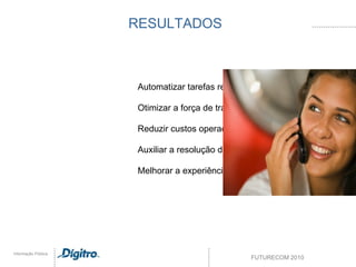 - Cliente é encaminhado para um agente determinado Cliente informa frase para autenticação BIOMETRIA DE VOZ Aplicações Minha frase  pessoal 