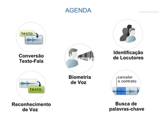 AGENDA Conversão Texto-Fala Reconhecimento de Voz  Identificação de Locutores Busca de  palavras-chave Biometria de Voz  