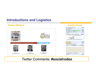 Introductions and Logistics
Viewer Window                         Control Panel




           Twitter Comments: #socialrodeo
 