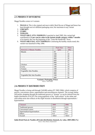 2.5 PRODUCT OFFERING
Maggi Noodles comes in 4 variants:

    1. MASALA: This is the original and most widely liked flavour of Maggi and hence has
       been brought out in 6 different packaging sizes; the maximum in any variant
    2. CHICKEN
    3. CURRY
    4. TOMATO
    5. VEGETABLE ATTA NOODLES: Launched in April 2005, this variant had
       contributed to 11 per cent in value to the instant noodle category within 7 months
       of its launch; this was the beginning of the “Taste bhi Health bhi” focus
    6. VEGETABLE DAL ATTA NOODLES: Continuing the healthy snacks trend, this
       variant was launched in May 2006.

                                                                 Pack Size     Price
         MAGGI 2 Minute Noodles                                    (gm)         (Rs)
         Masala                                     50                         5
                                                    100                        10
                                                    200                        20
                                                    400                        38
                                                    600                        54
                                                    800                        72
         Chicken                                    100                        10
         Curry                                      100                        10
         Tomato                                     100                        10
         Vegetable Atta Noodles                     100                        13
                                                    400                        50
         Vegetable Dal Atta Noodles                 100                        13
                                                    400                        50
                              Variants, Packaging, Prices
                                         Source: Nestle India


2.6 PRODUCT DISTRIBUTION
Maggi Noodles is being sold through 2,60,000 outlets (FY 2005-2006), which comprise of
grocers, convenience stores, supermarkets and miscellaneous channels. The average Indian
still prefers shopping through the traditional grocers or “kiranas” as can be inferred from the
higher distribution of 62.8%.The rising popularity of the “mall-culture” in the urban and
semi-urban areas also reflects on the slight increase in distribution through supermarkets /
hypermarkets.

       Channel                                              2005             2006
       Traditional grocers                                  63.0             62.8
       Convenience stores                                   20.0             20.0
       Supermarkets/hypermarkets                            16.6             16.8
       Others                                               0.4              0.4
       Overall                                              100.0            100.0

India Dried Pasta & Noodles off-trade distribution channels, by value, 2005-2006 (%)
                                   Source: Denis Mason, Datamonitor
 