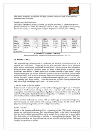 baby sitters or day care help and use the larger extended family or friends to help with care
and supervision of children.

Rush for pre-school admissions
Throughout urban India, parents of nursery age children are looking to send them in the best
private school they can afford. Pre-schools for toddlers in the 2-3 age group are mushrooming
all over the country, as anxious parents recognise the perceived benefits these can bring.



'000
              1990          1995          2000          2005          2010           2015
Male          87,953        93,797        97,055        97,624        95,041         94,897
Female        82,046        87,724        90,885        91,588        89,416         89,478
TOTAL         169,999       181,521       187,940       189,211       184,457        184,376
as % of       20.29         19.67         18.63         17.37         15.82          14.88
total
population
                          Children (2-9 years old) 1990-2015
              Source:Euromonitor International from national statistics and UN

2) TWEENAGERS

The tweenagers age group consists of children on the threshold of adolescence and as a
segment are a difficult lot. Though they are not sure about their choices on an emotional
plane, they are a trendy new group that is extremely savvy and self assured when it comes to
taking decisions regarding consumer goods and wants. Urban children in this age group
would have some amount of pocket money with an upper limit of Rs100 per month. Though
allowances have gone up, parental control still exists over this market segment. Impulse foods
rule the preference scale as far as the buying behaviour of tweenagers in India is concerned.
In fact, the top six expense items for tweenagers seem to be impulse foods: 17% of the total
pocket money spent on ice creams, 12% on chocolates and 10% each on soft drinks and fast
food according to a newspaper report in the “The Times of India”.

A key role to play in decision making
With increased awareness through television and advertising, tweenagers are an important
influence on family decision-making in urban India. They have also mastered the art of
nagging their parents into making purchases of gadgets or products that they want. Among the
areas where they make their influence felt are the purchase of such items as a newly launched
chocolate bar, instant noodles and breakfast cereal.

With a penchant for hi-tech and an ease with new technology far superior to their parents,
these tweenagers are more familiar with operating mobile phones, the TV remote, DVD
player and computer programmes, as well as the product features.

Cricket-crazy boys
Cricket is the obsession and passion of boy tweenagers in India. This interest cuts across
income and socio-economic groups. Low income boys will play on the streets with makeshift
bats and stumps, middle-income children can be seen playing in gardens and at school, while
boys from more well-to-do families go and play in organised coaching camps. With their
education demanding less time at this age, parents are generally quite happy to see their boys
spending so much time on cricket.
 