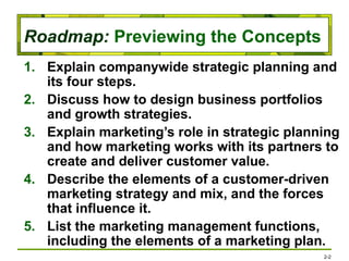 Roadmap: Previewing the Concepts
1. Explain companywide strategic planning and
its four steps.
2. Discuss how to design business portfolios
and growth strategies.
3. Explain marketing’s role in strategic planning
and how marketing works with its partners to
create and deliver customer value.
4. Describe the elements of a customer-driven
marketing strategy and mix, and the forces
that influence it.
5. List the marketing management functions,
including the elements of a marketing plan.
2-2
 