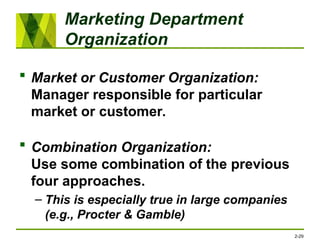 Marketing Department
Organization
 Market or Customer Organization:
Manager responsible for particular
market or customer.
 Combination Organization:
Use some combination of the previous
four approaches.
– This is especially true in large companies
(e.g., Procter & Gamble)
2-29
 