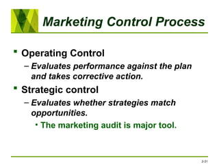 Marketing Control Process
 Operating Control
– Evaluates performance against the plan
and takes corrective action.
 Strategic control
– Evaluates whether strategies match
opportunities.
• The marketing audit is major tool.
2-31
 