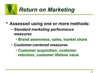 Return on Marketing
 Assessed using one or more methods:
– Standard marketing performance
measures
• Brand awareness, sales, market share
– Customer-centered measures
• Customer acquisition, customer
retention, customer lifetime value
2-32
 