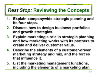 Rest Stop: Reviewing the Concepts
1. Explain companywide strategic planning and
its four steps.
2. Discuss how to design business portfolios
and growth strategies.
3. Explain marketing’s role in strategic planning
and how marketing works with its partners to
create and deliver customer value.
4. Describe the elements of a customer-driven
marketing strategy and mix, and the forces
that influence it.
5. List the marketing management functions,
including the elements of a marketing plan.
2-33
 