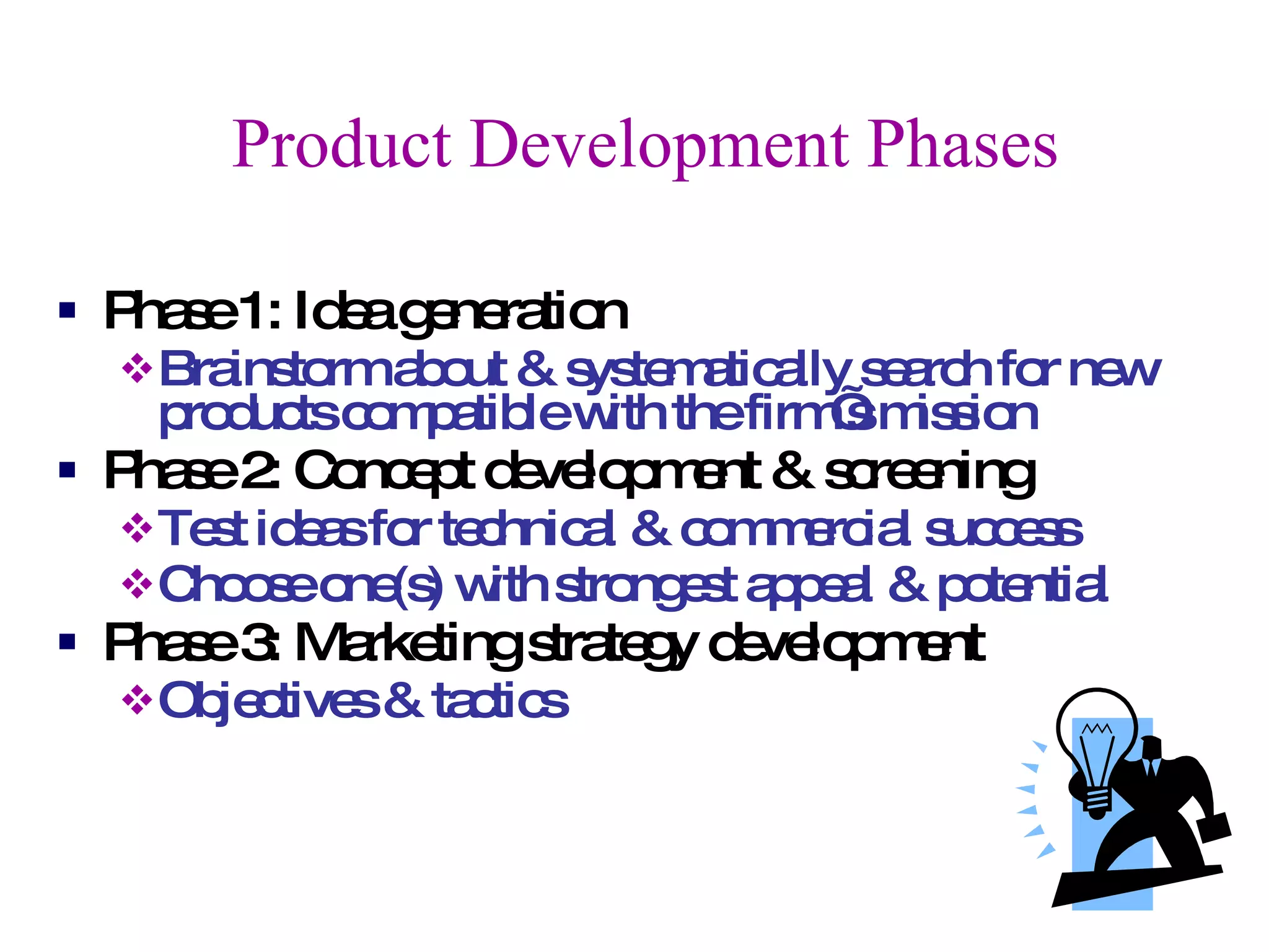Product Development Phases Phase 1: Idea generation  Brainstorm about & systematically search for new products compatible with the firm’s mission  Phase 2: Concept development & screening Test ideas for technical & commercial success  Choose one(s) with strongest appeal & potential Phase 3: Marketing strategy development Objectives & tactics 