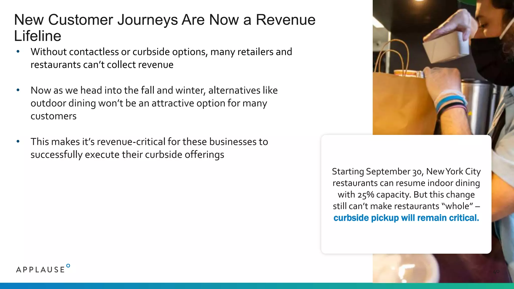 • Without contactless or curbside options, many retailers and
restaurants can’t collect revenue
• Now as we head into the fall and winter, alternatives like
outdoor dining won’t be an attractive option for many
customers
• This makes it’s revenue-critical for these businesses to
successfully execute their curbside offerings
New Customer Journeys Are Now a Revenue
Lifeline
40
Starting September 30, NewYork City
restaurants can resume indoor dining
with 25% capacity. But this change
still can’t make restaurants “whole” –
curbside pickup will remain critical.
 