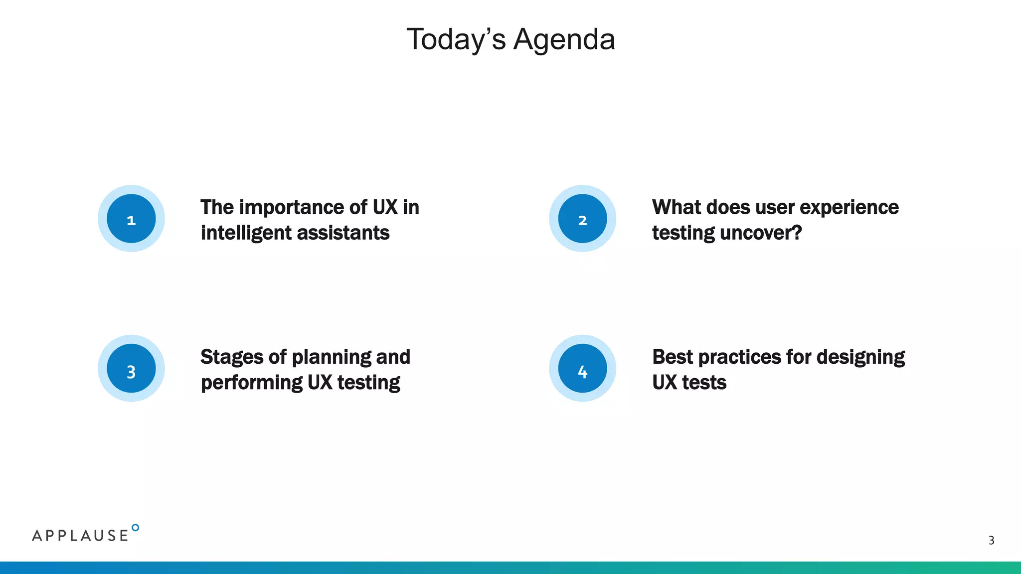 Today’s Agenda
3
1
3
2
4
The importance of UX in
intelligent assistants
Stages of planning and
performing UX testing
What does user experience
testing uncover?
Best practices for designing
UX tests
 