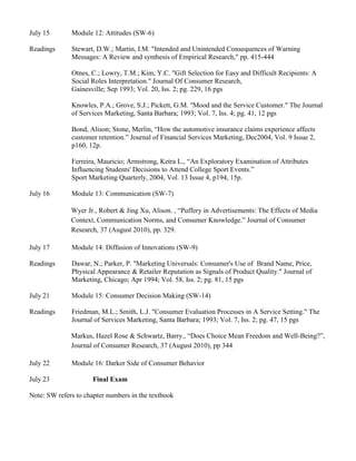 July 15 Module 12: Attitudes (SW-6)
Readings Stewart, D.W.; Martin, I.M. "Intended and Unintended Consequences of Warning
Messages: A Review and synthesis of Empirical Research," pp. 415-444
Otnes, C.; Lowry, T.M.; Kim, Y.C. "Gift Selection for Easy and Difficult Recipients: A
Social Roles Interpretation." Journal Of Consumer Research,
Gainesville; Sep 1993; Vol. 20, Iss. 2; pg. 229, 16 pgs
Knowles, P.A.; Grove, S.J.; Pickett, G.M. "Mood and the Service Customer." The Journal
of Services Marketing, Santa Barbara; 1993; Vol. 7, Iss. 4; pg. 41, 12 pgs
Bond, Alison; Stone, Merlin, “How the automotive insurance claims experience affects
customer retention.” Journal of Financial Services Marketing, Dec2004, Vol. 9 Issue 2,
p160, 12p.
Ferreira, Mauricio; Armstrong, Ketra L., “An Exploratory Examination of Attributes
Influencing Students' Decisions to Attend College Sport Events.”
Sport Marketing Quarterly, 2004, Vol. 13 Issue 4, p194, 15p.
July 16 Module 13: Communication (SW-7)
Wyer Jr., Robert & Jing Xu, Alison. , “Puffery in Advertisements: The Effects of Media
Context, Communication Norms, and Consumer Knowledge.” Journal of Consumer
Research, 37 (August 2010), pp. 329.
July 17 Module 14: Diffusion of Innovations (SW-9)
Readings Dawar, N.; Parker, P. "Marketing Universals: Consumer's Use of Brand Name, Price,
Physical Appearance & Retailer Reputation as Signals of Product Quality." Journal of
Marketing, Chicago; Apr 1994; Vol. 58, Iss. 2; pg. 81, 15 pgs
July 21 Module 15: Consumer Decision Making (SW-14)
Readings Friedman, M.L.; Smith, L.J. "Consumer Evaluation Processes in A Service Setting." The
Journal of Services Marketing, Santa Barbara; 1993; Vol. 7, Iss. 2; pg. 47, 15 pgs
Markus, Hazel Rose & Schwartz, Barry., “Does Choice Mean Freedom and Well-Being?”,
Journal of Consumer Research, 37 (August 2010), pp 344
July 22 Module 16: Darker Side of Consumer Behavior
July 23 Final Exam
Note: SW refers to chapter numbers in the textbook
 