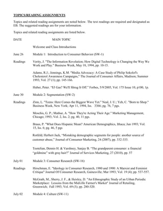 TOPICS/READING ASSIGNMENTS
Topics and related reading assignments are noted below. The text readings are required and designated as
EB. The suggested readings are for your information.
Topics and related reading assignments are listed below.
DATE MAIN TOPIC
Welcome and Class Introductions
June 26 Module 1: Introduction to Consumer Behavior (SW-1)
Readings Verity, J. "The Information Revolution; How Digital Technology is Changing the Way We
Work and Play." Business Week, May 18, 1994, pp. 10-15.
Adams, R.J.; Jennings, K.M. "Media Advocacy: A Case Study of Philip Sokolof's
Cholesterol Awareness Campaigns," The Journal of Consumer Affairs, Madison; Summer
1993; Vol. 27 (1); pp. 145-166.
Huber, Peter. “$3 Gas? We'll Shrug It Off.” Forbes, 5/9/2005, Vol. 175 Issue 10, p100, 1p.
June 30 Module 2: Segmentation (SW-2)
Readings Zinn, L. "Teens: Here Comes the Biggest Wave Yet." Neal, J. U.; Yeh, C. "Born to Shop."
Business Week, New York; Apr 11, 1994, Iss. 3366; pg. 76, 7 pgs.
Moschis, G. P.; Mathur, A. "How They're Acting Their Age." Marketing Management,
Chicago; 1993; Vol. 2, Iss. 2; pg. 40, 11 pgs.
Braus, P. "What Does Hispanic Mean? American Demographics, Ithaca; Jun 1993; Vol.
15, Iss. 6; pg. 46, 5 pgs
Rotfeld, Herbert Jack, “Mistaking demographic segments for people: another source of
customer abuse,” Journal of Consumer Marketing, 24 (2007), pp. 332-333.
Tootelian, Dennis H. & Varshney, Sanjay B. “The grandparent consumer: a financial
“goldmine” with gray hair?” Journal of Services Marketing, 27 (2010), pp. 57
July 01 Module 3: Consumer Research (SW-16)
Readings Hirschman, E. "Ideology in Consumer Research, 1980 and 1990: A Marxist and Feminist
Critique" Journal Of Consumer Research, Gainesville; Mar 1993; Vol. 19 (4); pp. 537-557.
McGrath, M., Sherry, J. F., & Heisley, D. "An Ethnographic Study of an Urban Periodic
Marketplace: Lessons from the Midville Farmer's Market" Journal of Retailing,
Greenwich; Fall 1993; Vol. 69 (3); pp. 280-320.
July 02 Module 4: Culture (SW-11)
 