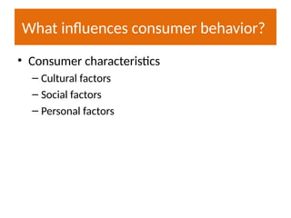 What influences consumer behavior?
• Consumer characteristics
– Cultural factors
– Social factors
– Personal factors
 