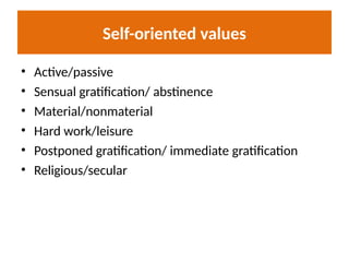Self-oriented values
• Active/passive
• Sensual gratification/ abstinence
• Material/nonmaterial
• Hard work/leisure
• Postponed gratification/ immediate gratification
• Religious/secular
 