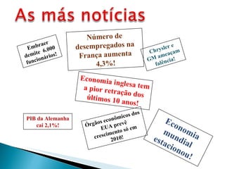 Embraer demite  6.000 funcionários! Economia inglesa tem a pior retração dos últimos 10 anos! Chrysler e GM ameaçam falência! PIB da Alemanha cai 2,1%! Economia mundial estacionou! Número de desempregados na França aumenta 4,3%! Órgãos econômicos dos EUA prevê crescimento só em 2010! 