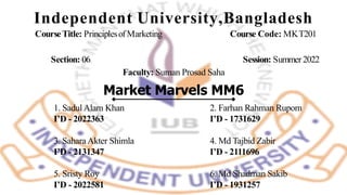 Market Marvels MM6
Independent University,Bangladesh
CourseTitle: PrinciplesofMarketing Course Code: MKT201
Section: 06 Session: Summer 2022
Faculty: Suman Prosad Saha
1. SadulAlam Khan 2. Farhan Rahman Rupom
I’D - 2022363 I’D - 1731629
3. SaharaAkter Shimla 4. Md Tajbid Zabir
I’D - 2131347 I’D - 2111696
5. Sristy Roy 6. Md Shadman Sakib
I’D - 2022581 I’D - 1931257
 