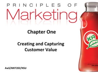Chapter One

                   Creating and Capturing
                      Customer Value


     AwS/MKT202/NSU
Copyright © 2009 Pearson Education, Inc.
                                            Chapter 1- slide 1
Publishing as Prentice Hall
 