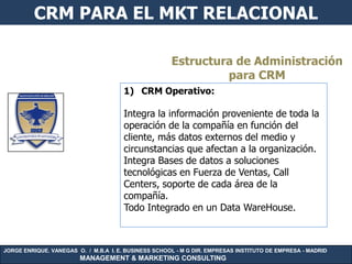 CRM PARA EL MKT RELACIONAL

                                                      Estructura de Administración
                                                               para CRM
                                       1) CRM Operativo:

                                       Integra la información proveniente de toda la
                                       operación de la compañía en función del
                                       cliente, más datos externos del medio y
                                       circunstancias que afectan a la organización.
                                       Integra Bases de datos a soluciones
                                       tecnológicas en Fuerza de Ventas, Call
                                       Centers, soporte de cada área de la
                                       compañía.
                                       Todo Integrado en un Data WareHouse.



JORGE ENRIQUE. VANEGAS O. / M.B.A I. E. BUSINESS SCHOOL - M G DIR. EMPRESAS INSTITUTO DE EMPRESA - MADRID
                        MANAGEMENT & MARKETING CONSULTING
 
