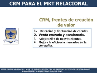 CRM PARA EL MKT RELACIONAL


                                             CRM, frentes de creación
                                                     de valor
                                      1. Retención y fidelización de clientes
                                      2. Venta cruzada y escalonada.
                                      3. Adquisición de nuevos clientes.
                                      4. Mejora la eficiencia mercadeo en la
                                         compañía.




JORGE ENRIQUE. VANEGAS O. / M.B.A I. E. BUSINESS SCHOOL - M G DIR. EMPRESAS INSTITUTO DE EMPRESA - MADRID
                        MANAGEMENT & MARKETING CONSULTING
 